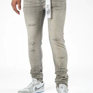 Mens Jeans Premium Disaster Grey 32x27" Slim Fit Streetwear DZTR-406